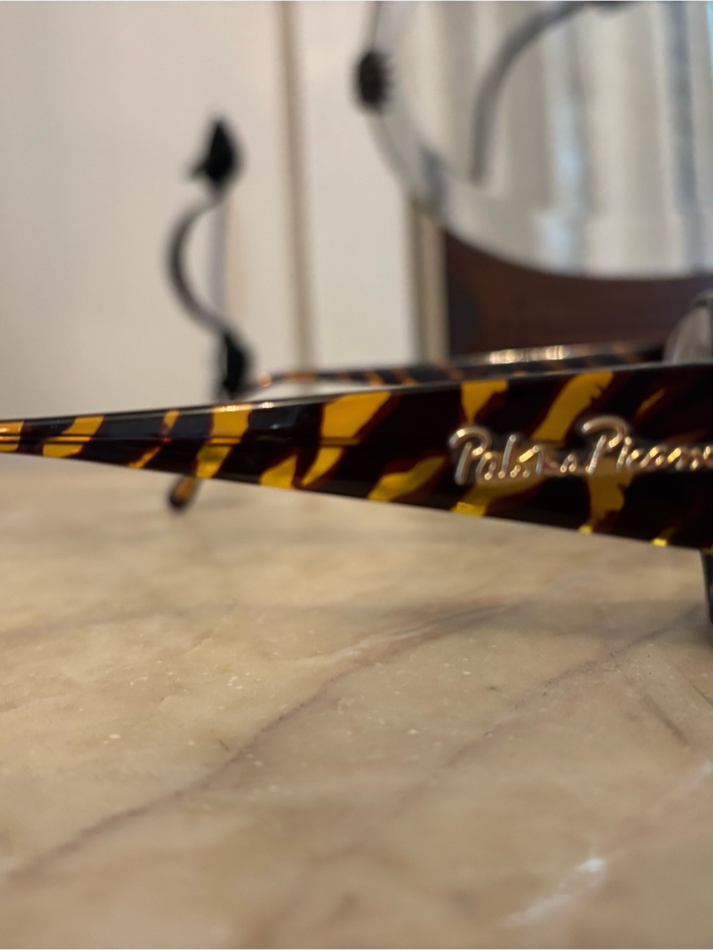 Vintage Paloma Picasso 3708 eyeglasses featuring a black and yellow tortoise.